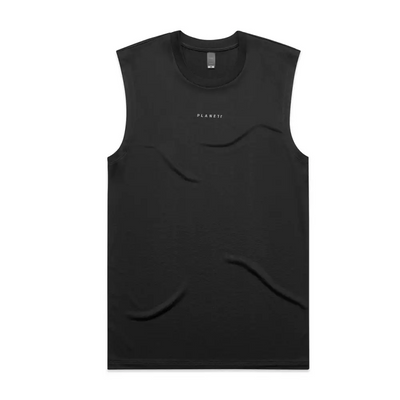 Black sleeveless shirt with textured design.