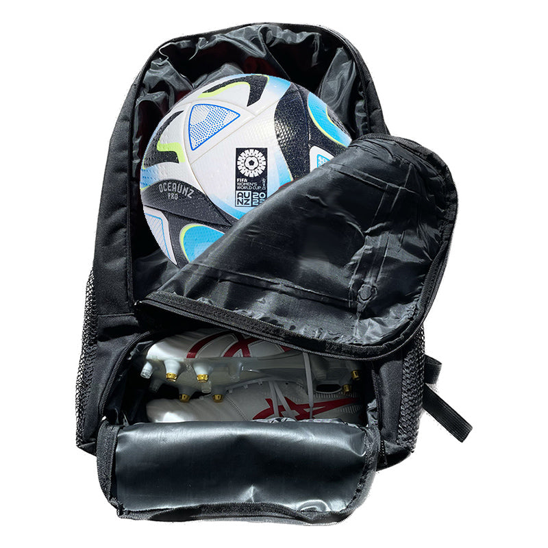 Black backpack with mesh side pockets and a main compartment holding a white, blue, and lime green soccer ball.