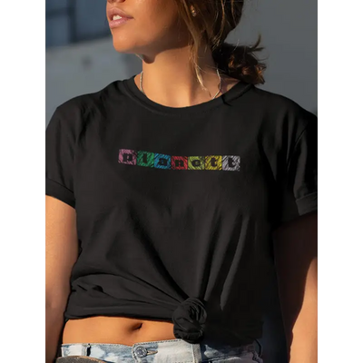Black t-shirt with colorful ’planet’ text.