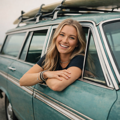 Teal vintage station wagon with surfboards mounted on the roof rack.
