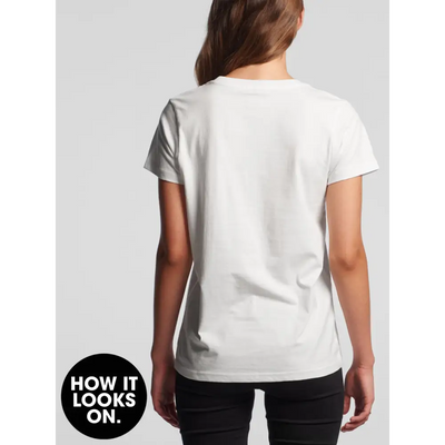 White t-shirt on a person.