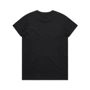 Black short-sleeved t-shirt.