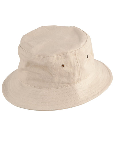 Beige canvas bucket hat.