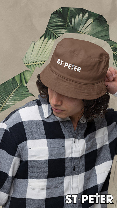 Brown bucket hat.
