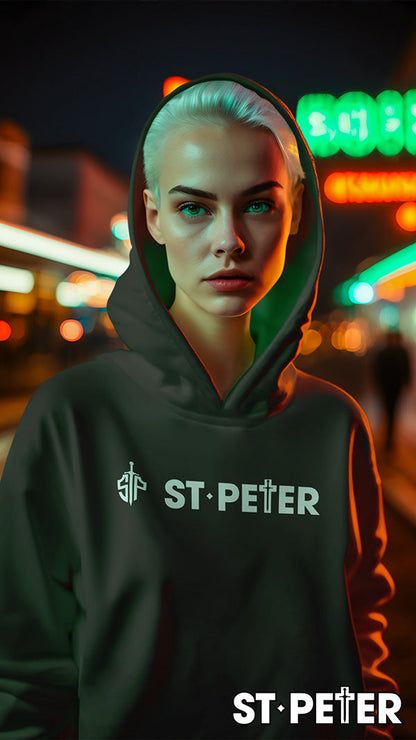 Dark hoodie with ’St. Peter’ text.