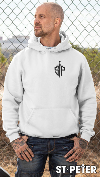 White hoodie with a logo.
