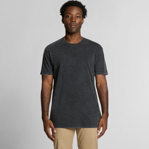 Charcoal gray crew neck t-shirt with distressed wash design and ribbed cuffs, made of cotton.
