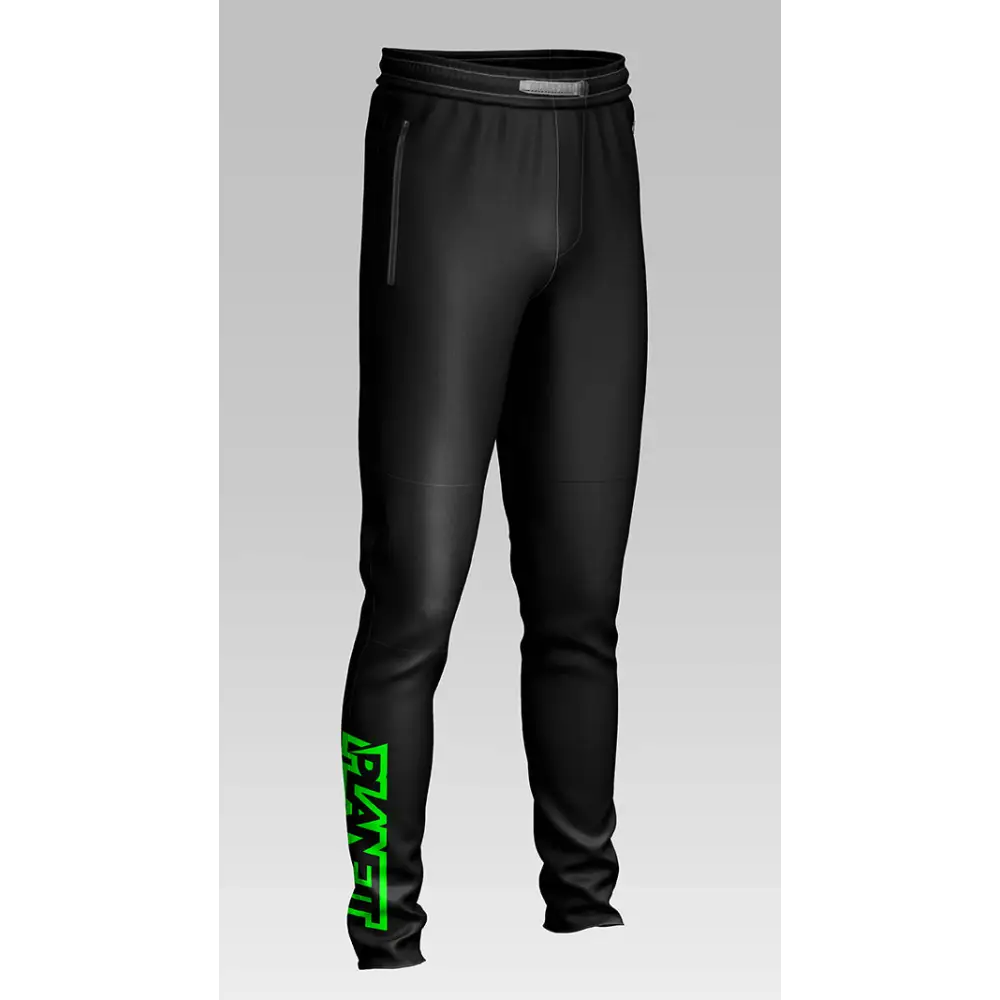 Black athletic pants with green lettering.