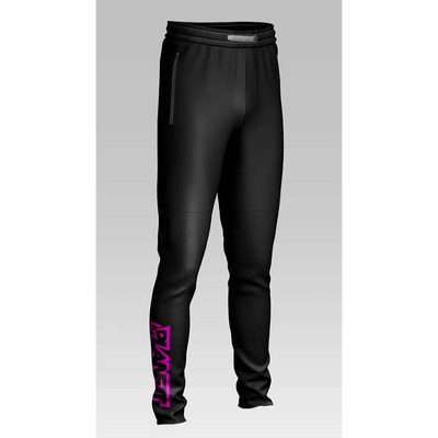 Black athletic pants with pink lettering.