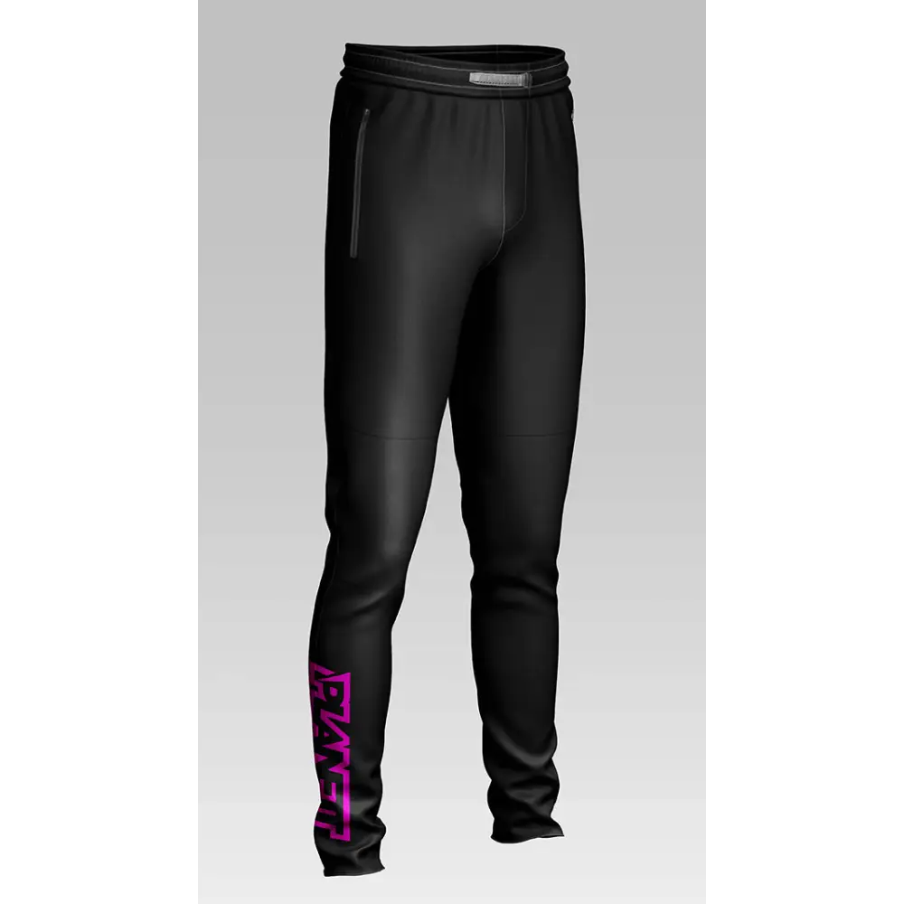 Black athletic pants with pink lettering.