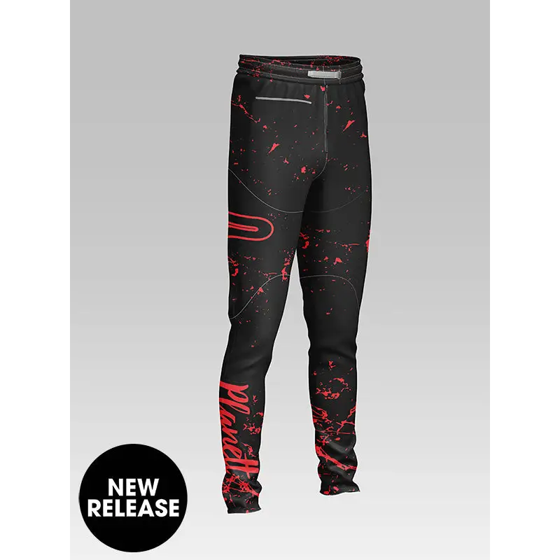 Black and red splatter-patterned sweatpants.