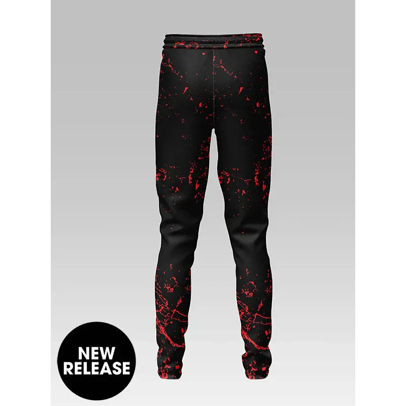 Black sweatpants with red splatter design.