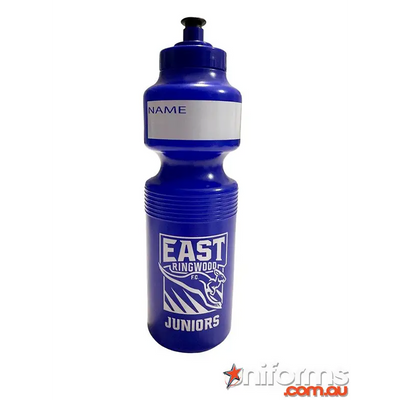 Blue water bottle with name label.