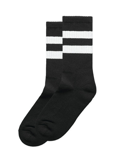 Black socks with white stripes.