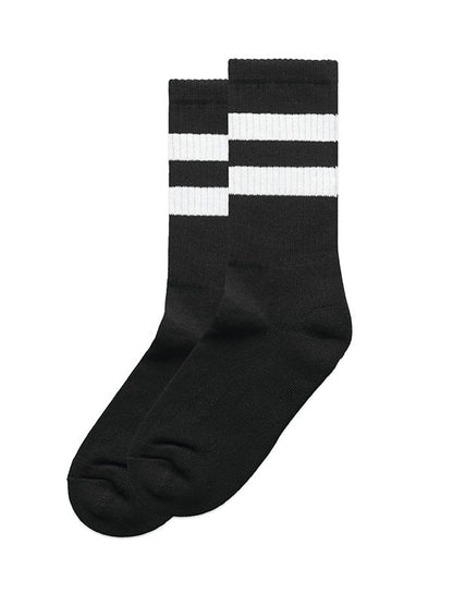 Black socks with white stripes.