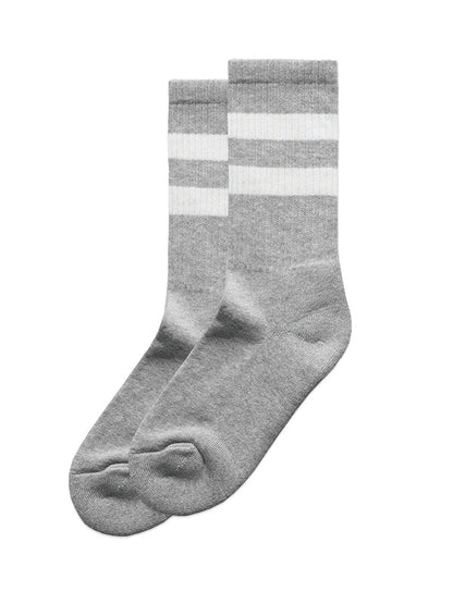 Gray socks with white stripes.