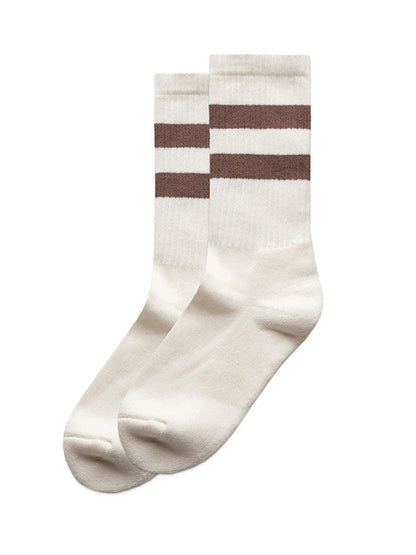 Pair of white socks with brown stripes.