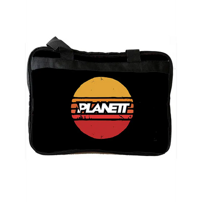 Black laptop bag with ’PLANETT’ logo.
