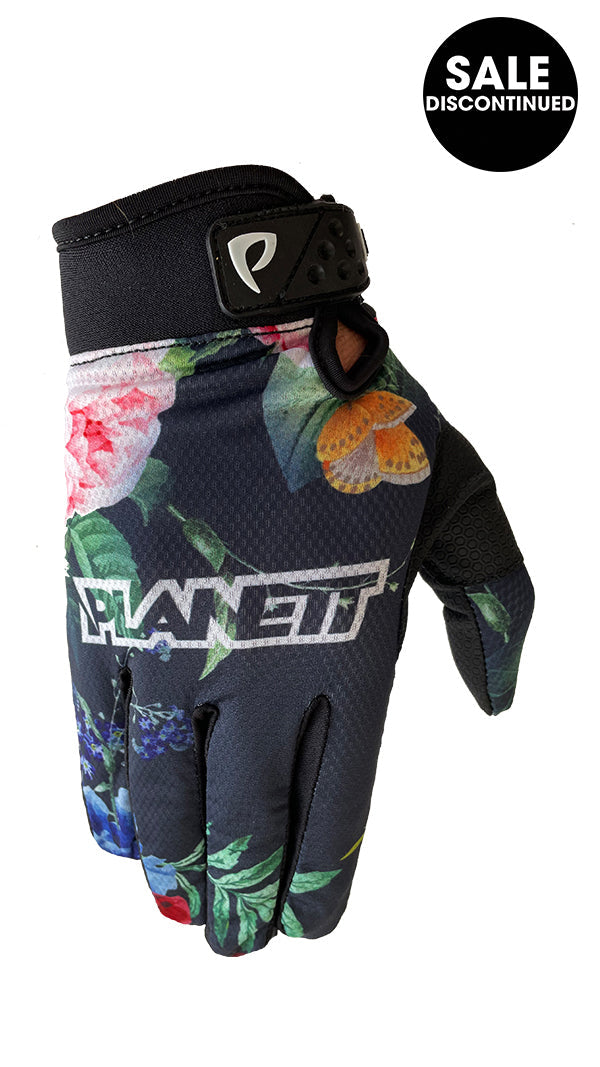 Floral print motorcycle glove with black accents and ’planet’ logo.
