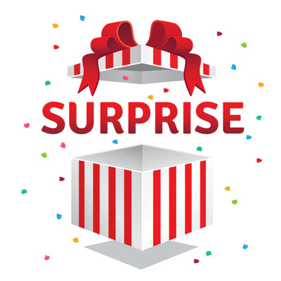 Red and white striped surprise gift box with a large bow on top.