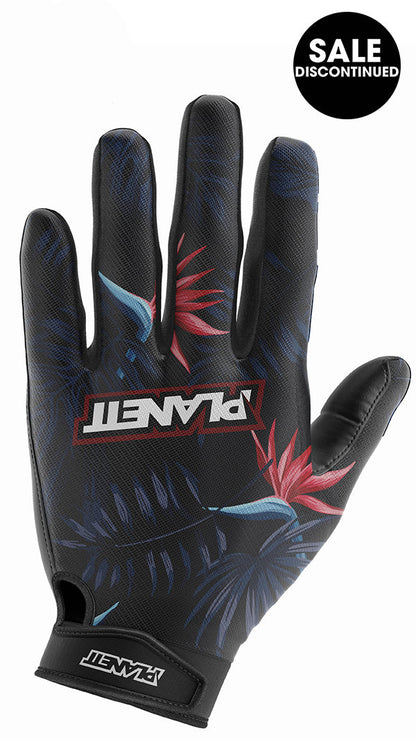 Black and blue floral glove with ’plant’ logo.
