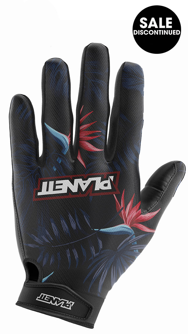 Black and blue floral glove with ’plant’ logo.