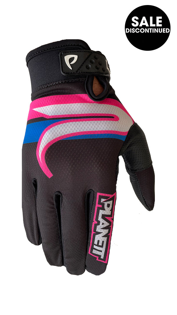 Black and pink motorcycle gloves with blue accents, made of leather or synthetic material.