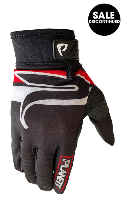 Black and red motorcycle glove with white accents, made of synthetic leather.