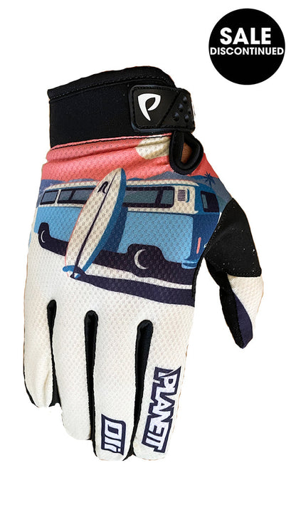 Blue and white camper van glove with black strap, palm grip design.