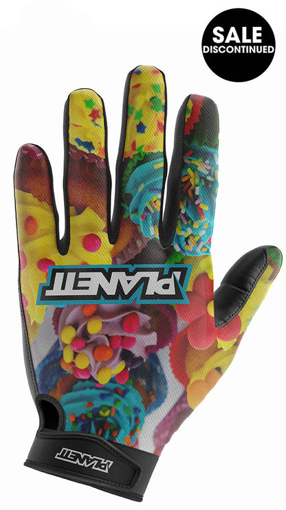 Colorful, tie-dye patterned glove with ’planet’ branding and leather accents.