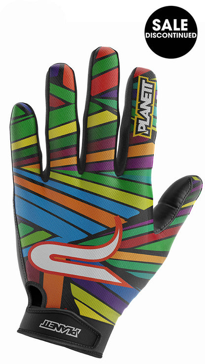 Multi-colored, striped planet bike glove with black accents and palm grip.