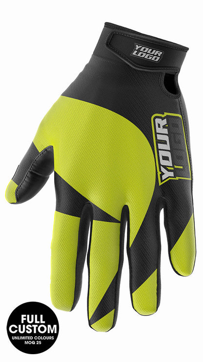 Neon yellow and black motorcycle gloves with custom logo design.