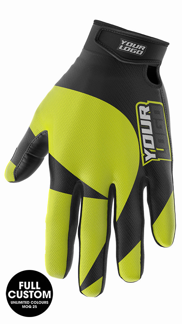 Neon yellow and black motorcycle gloves with custom logo design.