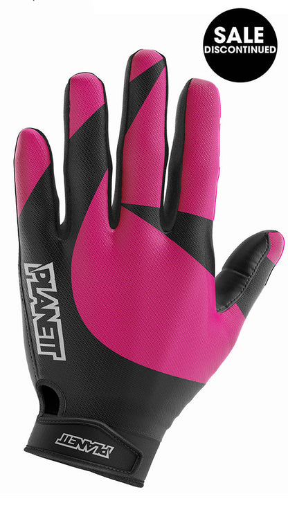 Pink and black glove with ’planet’ logo.