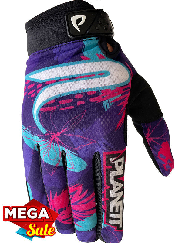 Purple and teal motocross glove with ’planet’ logo.