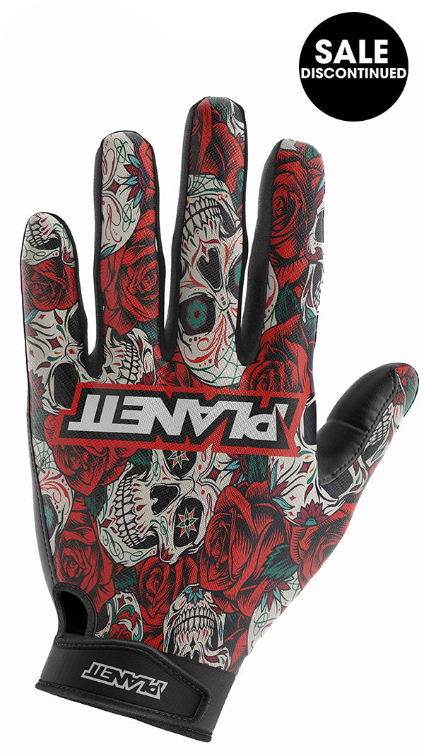 Red and black skull glove with roses design, planet brand.