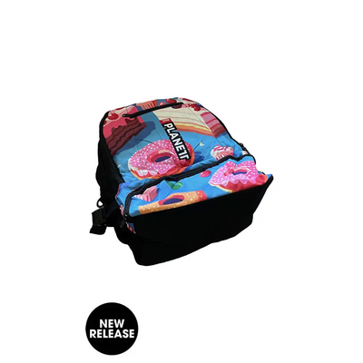 Colorful backpack with donut pattern.