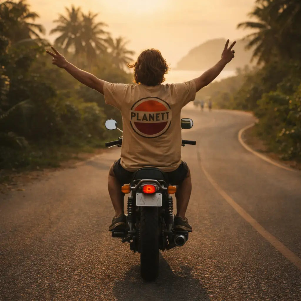 A tan planett t-shirt with a circular logo featuring red and black accents.