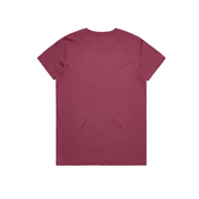 Maroon t-shirt.
