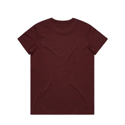 Maroon short-sleeved t-shirt.