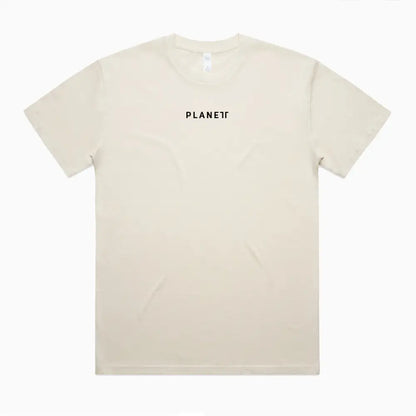 Beige t-shirt with black text.
