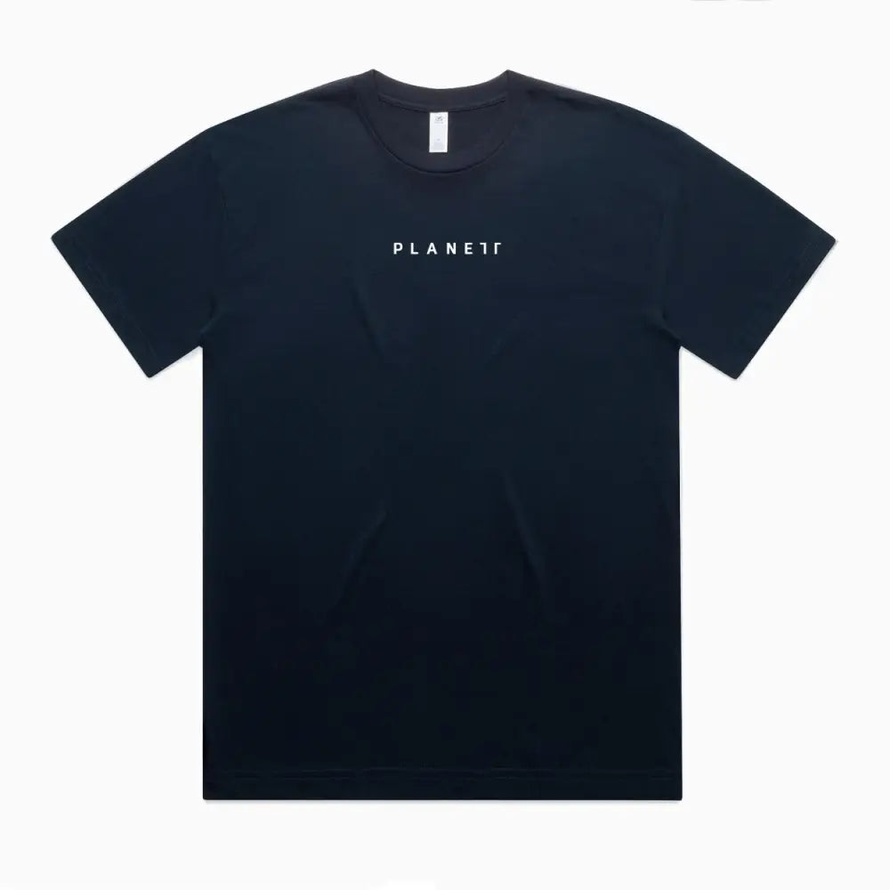 Black t-shirt with white text.