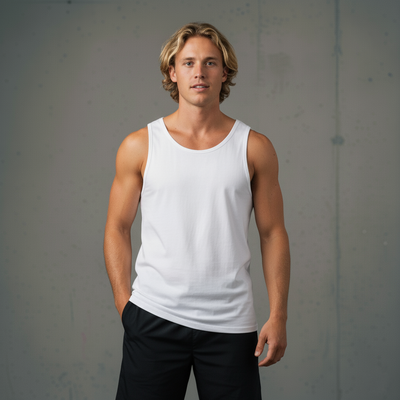 White sleeveless tank top with ribbed neckline and armholes, likely made of cotton or polyester blend.