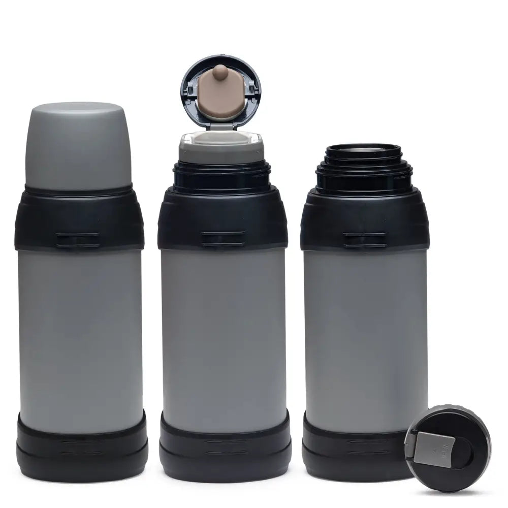 Gray and black thermos bottles.