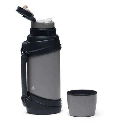 Gray thermos with black handle and cup.