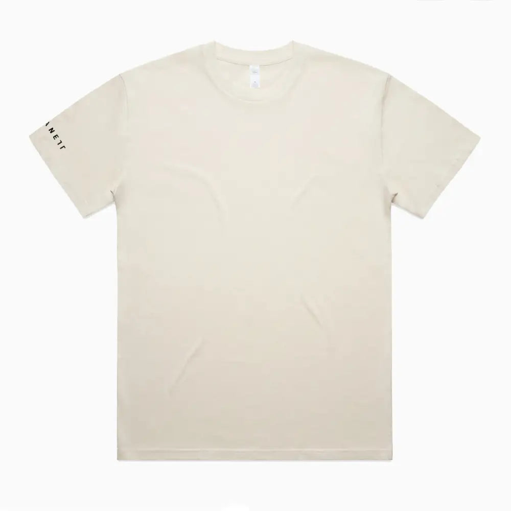 Beige short-sleeved t-shirt.