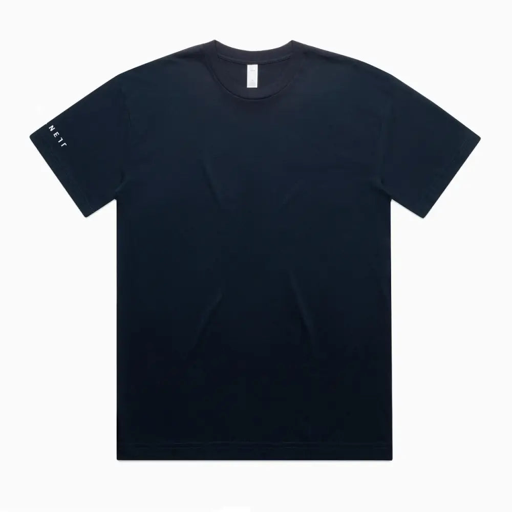 Black short-sleeved t-shirt.