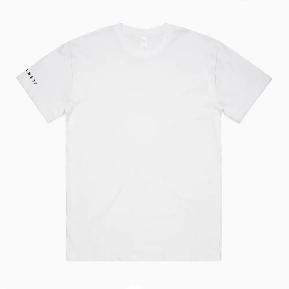 White short-sleeved t-shirt.