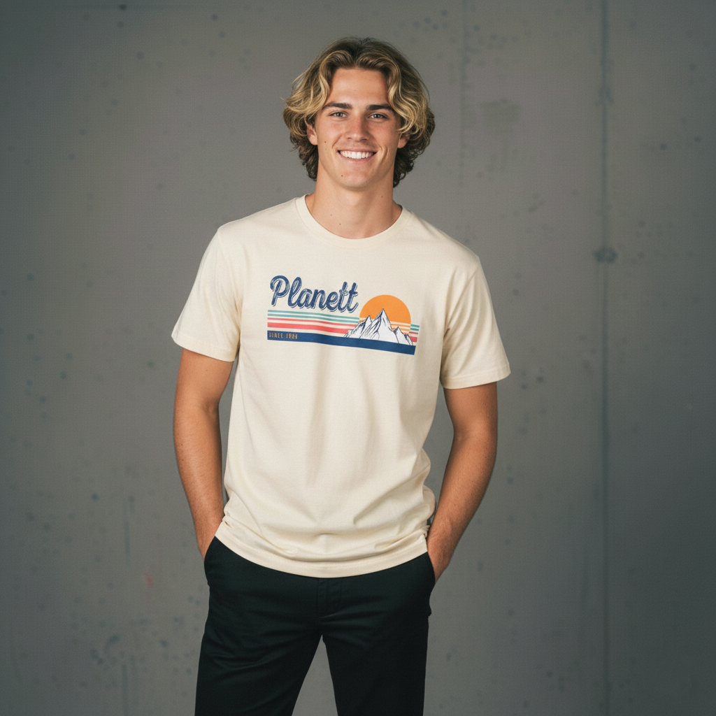 A young man wearing a light-colored t-shirt with a ’Planett’ graphic and dark pants.