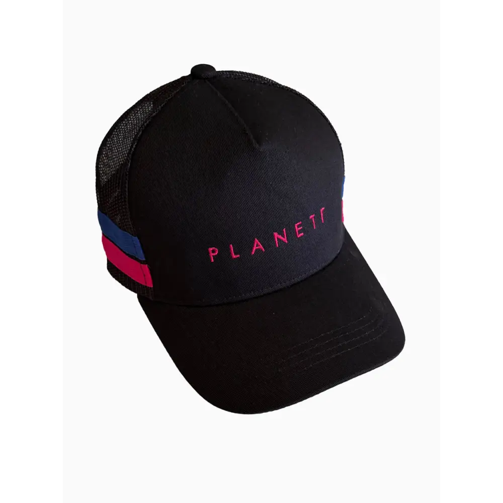 Black trucker hat with pink lettering.